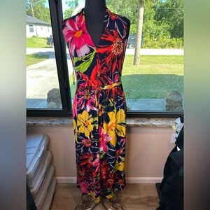 Msk Printed Vibrant Floral Colorful V-Neck Tie-Waist Sleeveless Dress Size Small